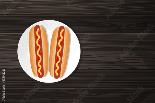 two delicious hot dogs on white plate on wooden background top view vector illustration