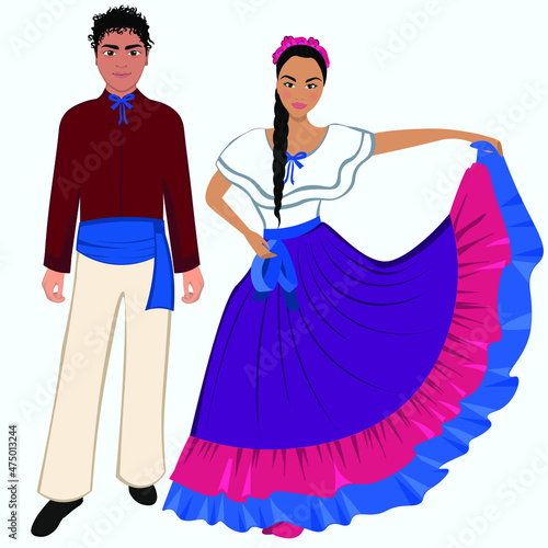 Woman and man in folk national Costa rica costumes. Vector illustration