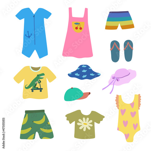 Set of cute summer beach children clothes in doodle cartoon style. Vector clip art for design.