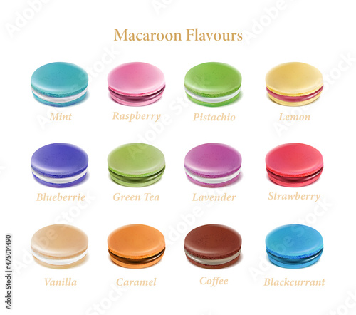 Vector collection. Colorful macaroons in different tastes.