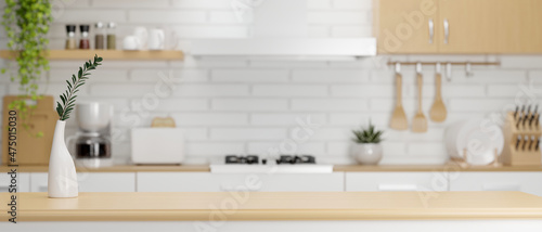 Close-up, Wooden kitchen countertop with copy space