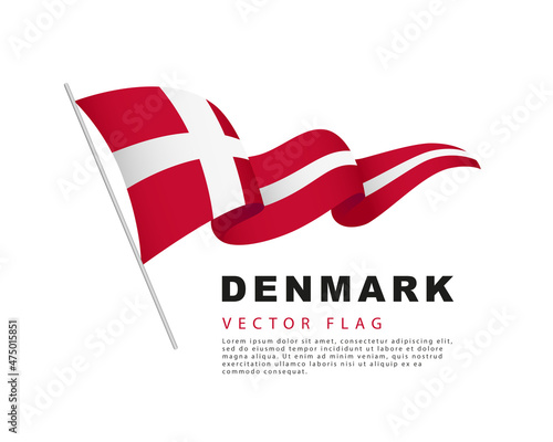 The flag of Denmark hangs from a flagpole and flutters in the wind. Vector illustration isolated on white background.