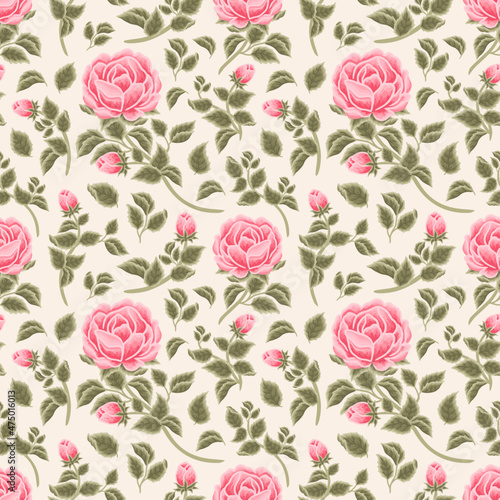 Vintage Shabby Chic Pink Rose Flower and Leaf Branch Seamless Pattern for autumn and spring textile, paper, prints, background, fabric, feminine beauty products, romantic gift wrapping