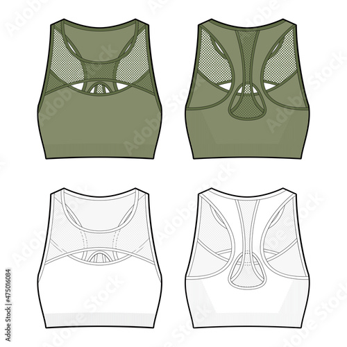 Seamless sports mesh bra flat sketch, Apparel template