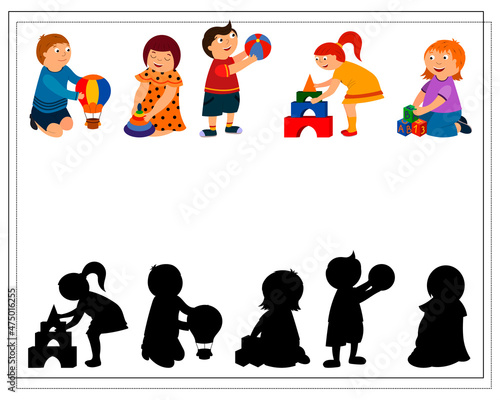 Children's logic game find the right shadow. Cute cartoon kids playing with toys. vector isolated on a white background.