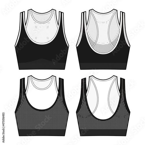 Seamless sports mesh bra flat sketch, Apparel template