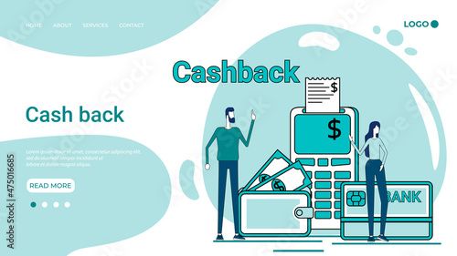 Cashback.The bank's loyalty program.Money refund service.An illustration in the style of a landing page in green.