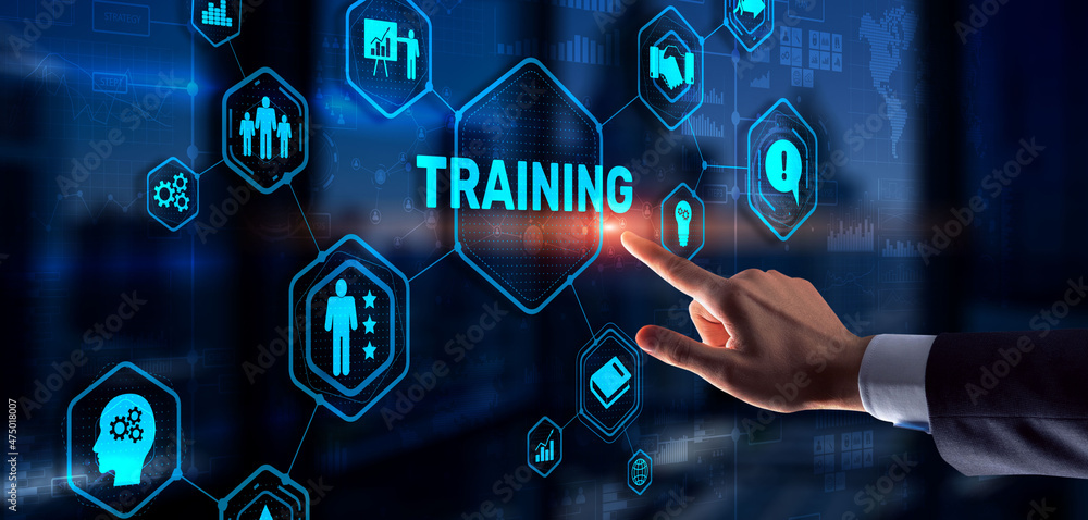 Trainning concept. Businessman pressing on touch screen interface inscription Trainning concept. Businessman pressing on touch screen interface inscription
