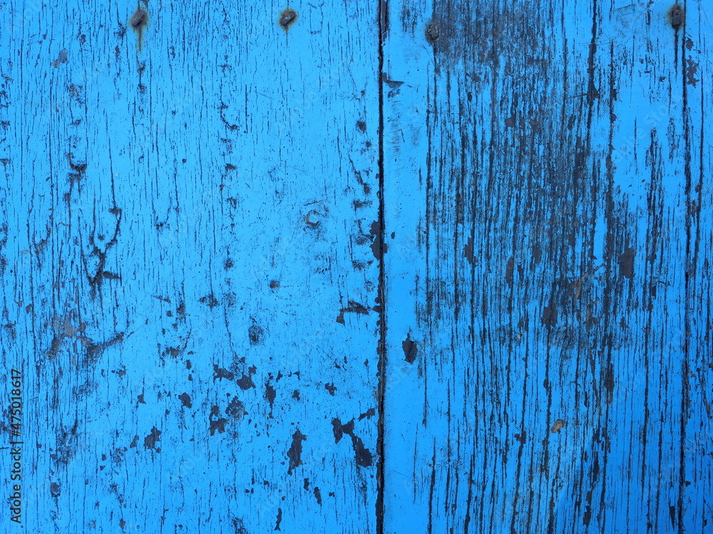 Weathered blue color wood sheets, Old wooden boards with rusty nail