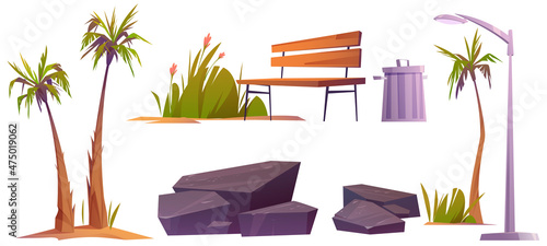 Set city park items palm trees, flowers, street lamp and wooden bench with stones, green grass and litter bin. Isolated elements for outdoor decoration, landscaping design, Cartoon vector illustration