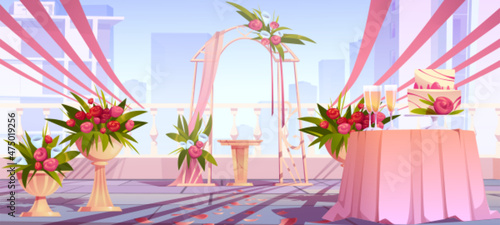 Wedding arch and decoration on skyscraper rooftop. Floral archway with vases, table with cake and scatter petals on roof with cityscape view. Marriage matrimony ceremony, Cartoon vector illustration