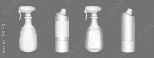 Household chemicals bottles, detergent, toilet or glass cleaner packaging 3d vector mockup. Realistic blank plastic packages, white tubes with liquid stain remover, antibacterial cleanser isolated set