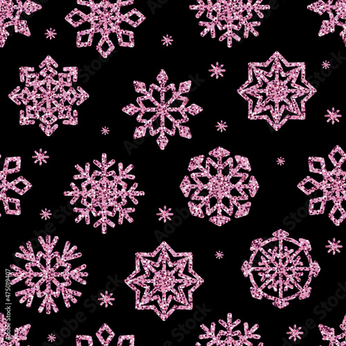 Vector seamless pattern glitter pink snowflakes isolated on black background.
