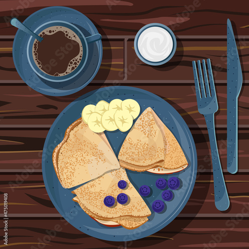Vector illustration of breakfast. Cup of coffee on saucer, sour cream, pancakes folded in a triangle with banana and blueberries on ceramic blue plate isolated on wooden table.