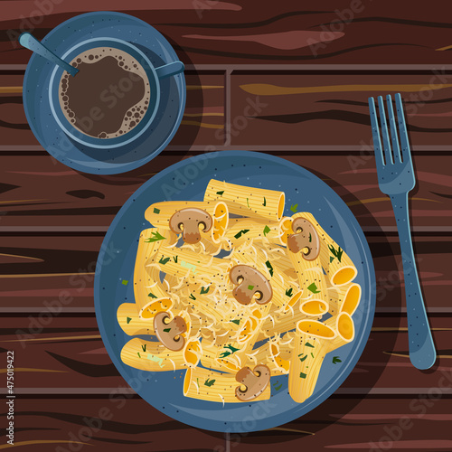 Vector illustration of lunch. Cup of coffee on saucer, rigatoni pasta with cheese and mushrooms on ceramic blue plate isolated on wooden table.