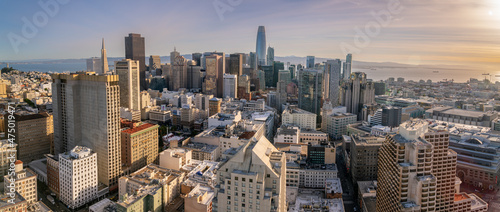 Panoramic View of Downtown San Francisco Facing towards the Bay with Mostly Covered Skies