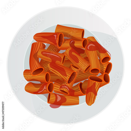 Rigatoni pasta in tomato sauce in plate isolated on white background. Vector illustration.
