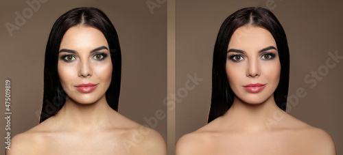 Collage with photos of beautiful young woman before and after using mattifying wipes on brown background. Banner design photo