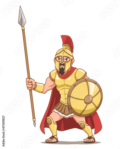 Cartoon character of Greek ancient warrior holding spear and shield.