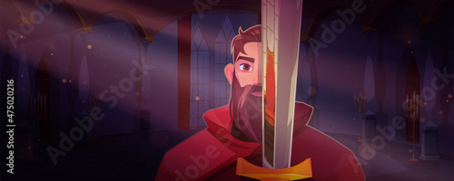 Knight holding sword in medieval castle. Vector cartoon fairytale illustration of warrior or paladin with beard and red cloak in palace interior and reflection of royal throne on steel blade
