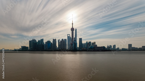 Cityscape of Shanghai at daytime. Panoramic view of Pudong's skyline from the Bund. Located in Waitan. One of the most famous tourist destinations in Shanghai.