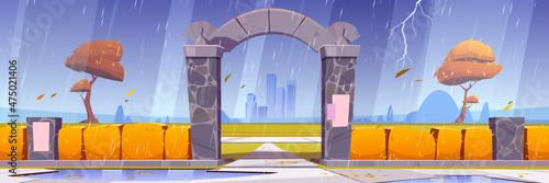 Stone gates, entrance to autumn city garden or park at rainy weather. Urban skyline with hedge fence, yellow trees and bushes on cityscape background with skyscrapers, Cartoon vector illustration