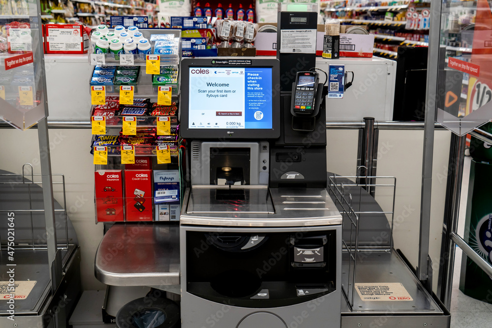 Sydney, Australia 20211013. Self serve checkout at Coles supermarket