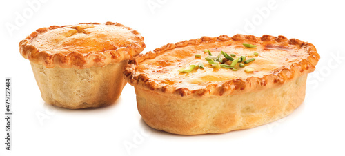 Tasty beef pot pies on white background