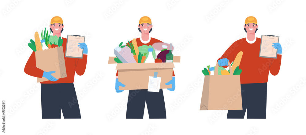 A set of three options for the delivery service concept. A man with a box of food, a man stands with a package of food and a man passes a pocket with food. Flat vector illustration