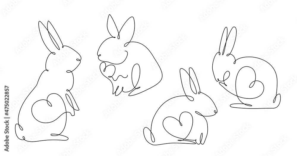 Easter bunny set continuous one line drawing. Rabbit simple image. Minimalist vector illustration.