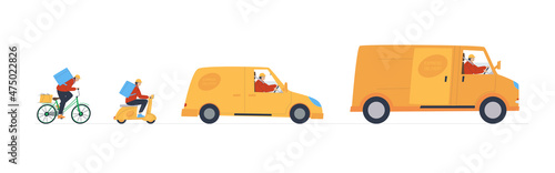 Delivery man on scooter, bike and car. The concept of the service delivery of groceries and goods to home and work. Set of flat vector illustration