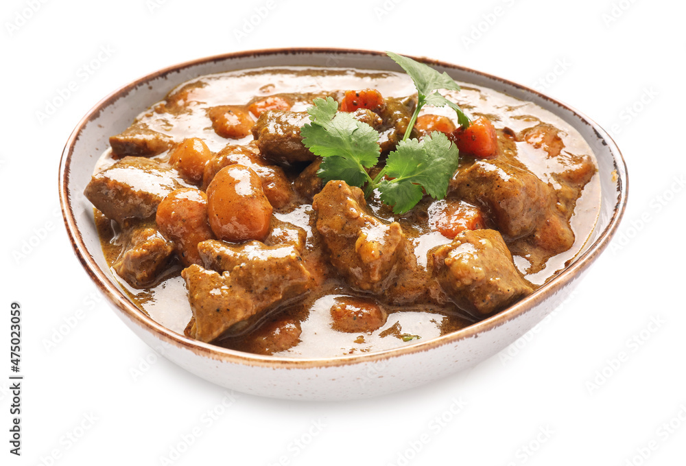 Plate with tasty beef curry on white background Plate with tasty beef curry on white background