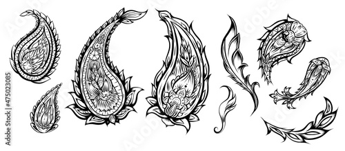 Vector set of monochrome contour paisley pattern. Collection of outline tribal flower elements on white background. Collection of indian floral ornament with boho decoration