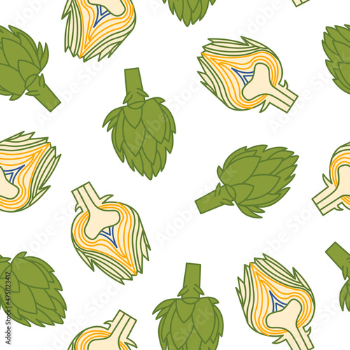 Seamless pattern with artichokes. Simple vector flat illustration with green vegetables on a white background