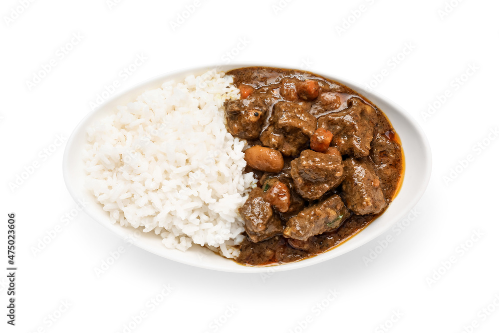 Plate with tasty beef curry and rice on white background Plate with tasty beef curry and rice on white background
