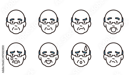 シニア男性の顔アイコンセット　シンプルタッチ　イラスト