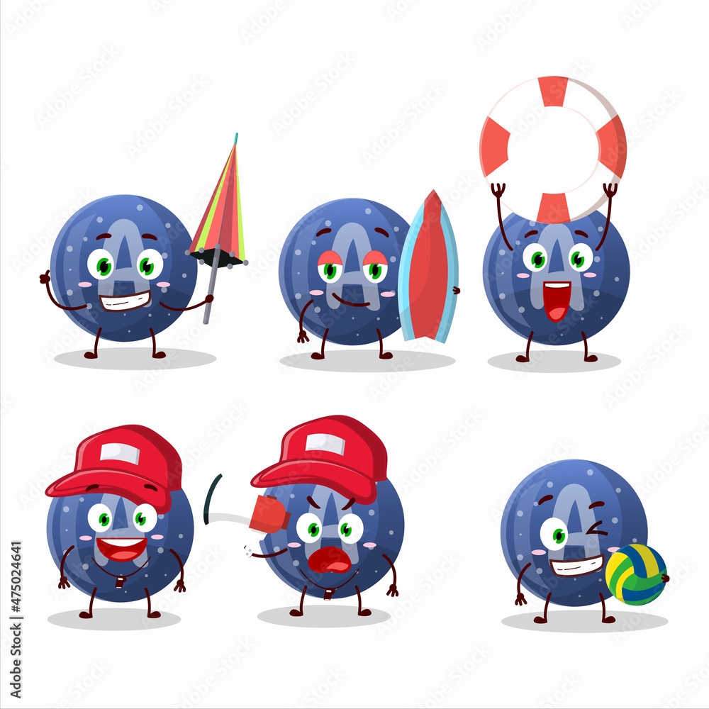 Happy Face blue gummy candy A cartoon character playing on a beach Happy Face blue gummy candy A cartoon character playing on a beach