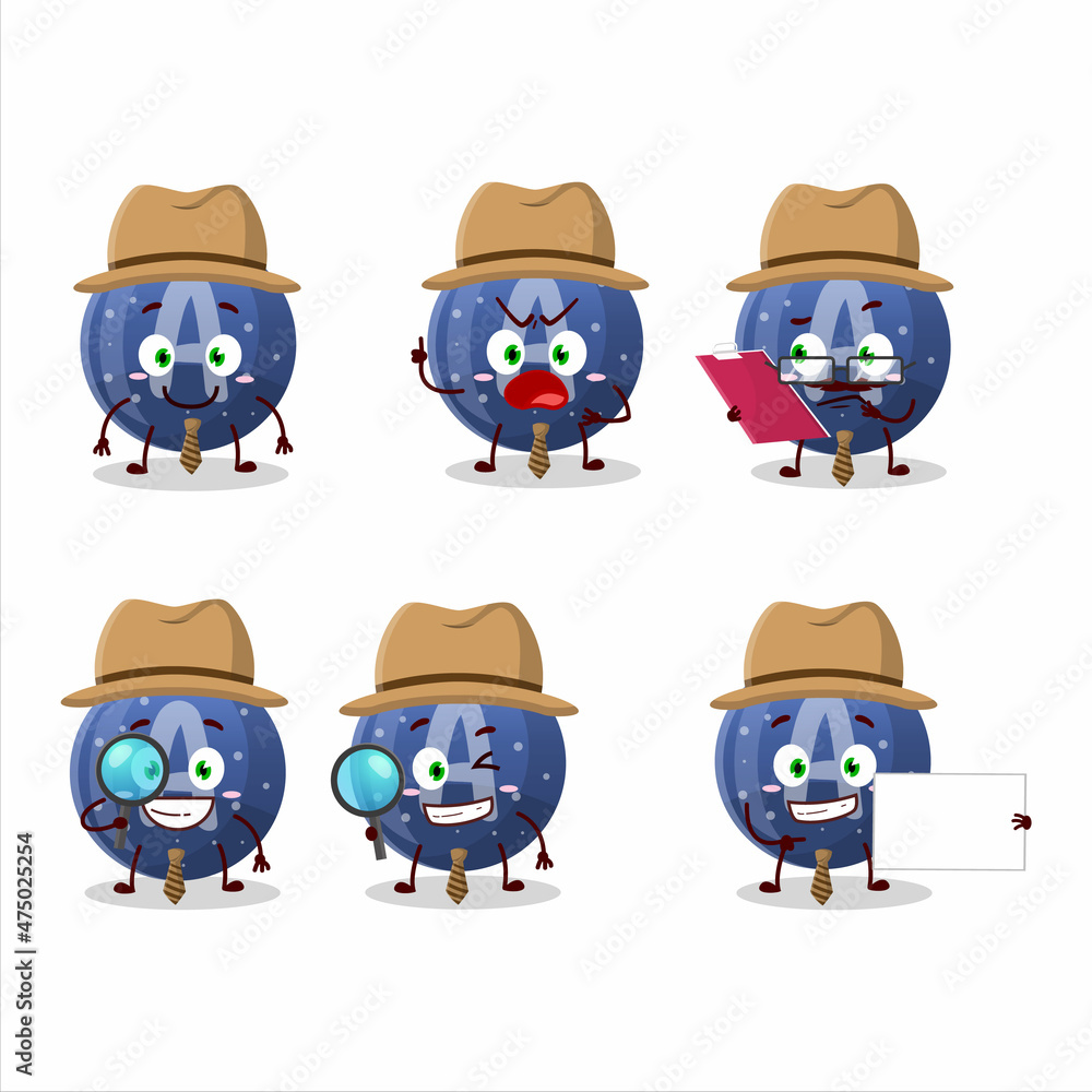 Detective blue gummy candy A cute cartoon character holding magnifying glass