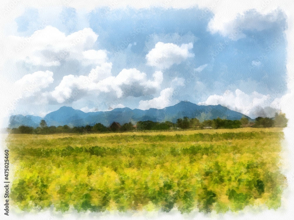 landscape of meadows, mountains and sky watercolor style illustration impressionist painting.