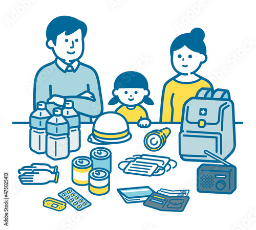 Parents and children checking disaster prevention supplies