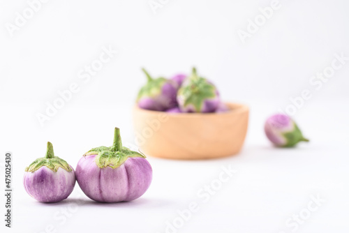 Fresh organic Thai purple eggplant on white background, Food ingredient