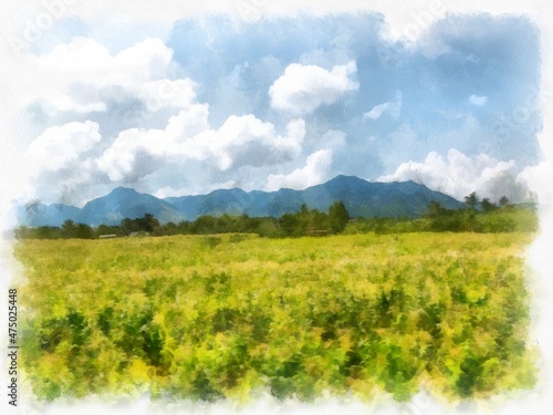 Landscape of meadows and forests with mountains and sky. watercolor style illustration impressionist painting.