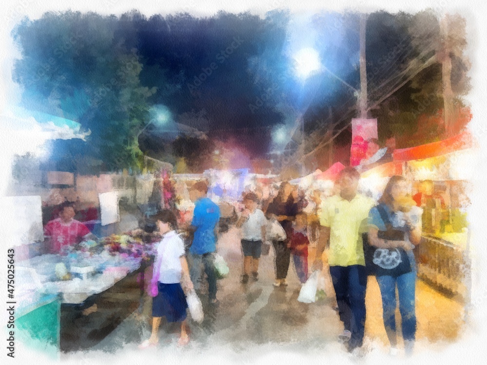 Obraz premium Night market landscape in Thailand watercolor style illustration impressionist painting.