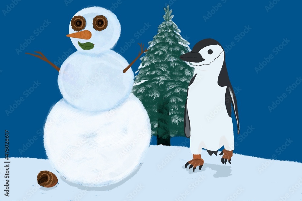 Fototapeta premium Muñeco de nieve y pinüinos-NAVIDAD