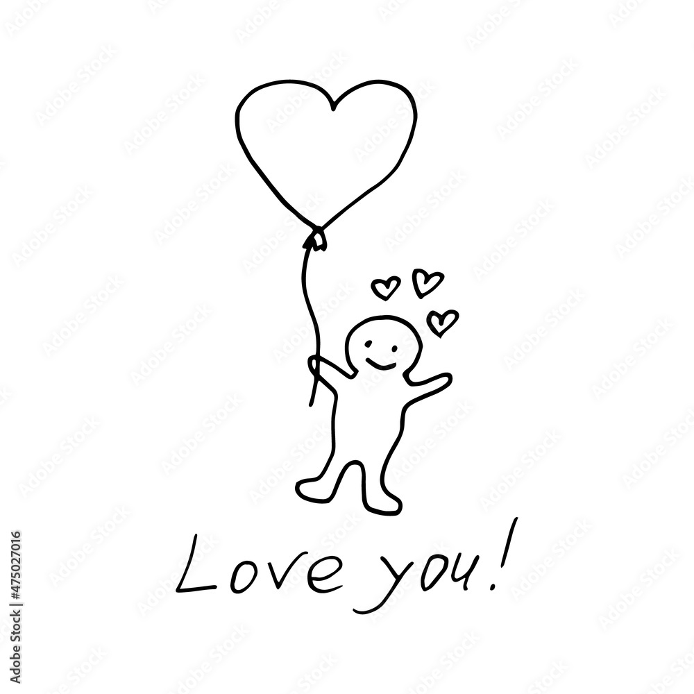 man with heart balloon and text love you hand drawn doodle. vector, scandinavian, minimalism. card, poster. love, romance, valentine day. man with heart balloon and text love you hand drawn doodle. vector, scandinavian, minimalism. card, poster. love, romance, valentine day.