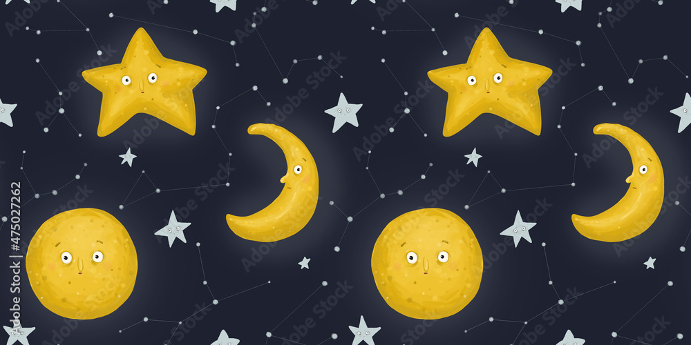 Naklejka premium Seamless pattern, starry night. A strange month, moon and stars. Night sky and constellations. Cartoon style. Funny characters. For the design of wrapping paper, fabrics, goods