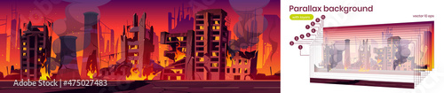 Parallax background city in fire, war destroy, abandoned burning broken buildings with smoke and flame. 2d cartoon cityscape game scene separated on layers, apocalypse ui animation Vector illustration