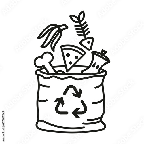 Trash bag with organic waste and triangular waste recycling symbol. Simple outline black and white vector icon. Thin lines