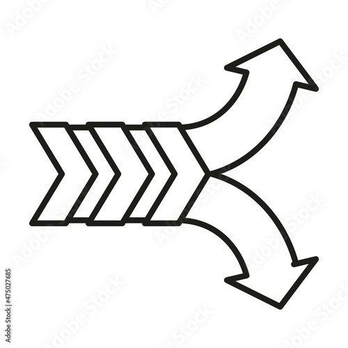 One arrow separating into two arrows. Forked arrow at the end. Simple outline black and white vector icon. Thin lines