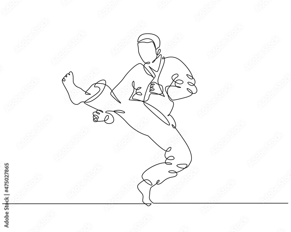 Ninja Minimalist One Line Drawing. Kung Fu Line Art Trendy Illustration. Male Lifestyle Modern Minimalist Drawing. Martial Arts One Line Illustration. Vector EPS 10